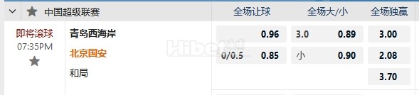 中超 19:35  青岛西海岸   -   北京国安