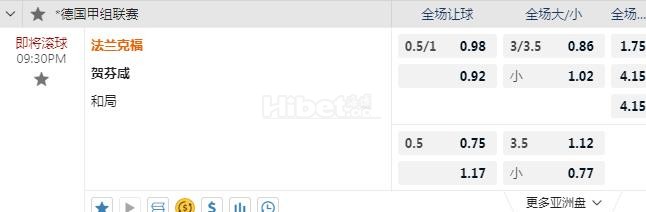 德甲 21：30 法兰克福VS霍芬海姆