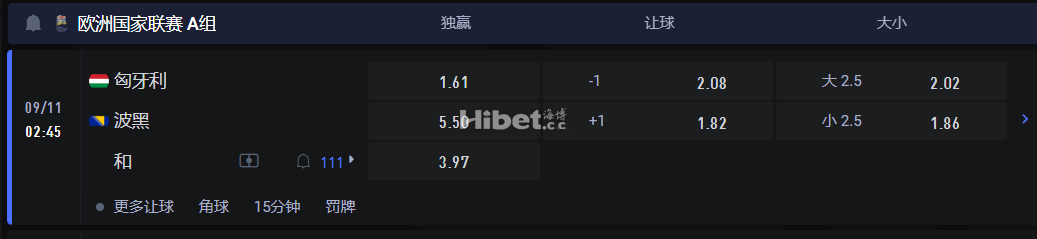 欧洲国家联赛 A组 09/11 02:45 匈牙利VS 波黑
